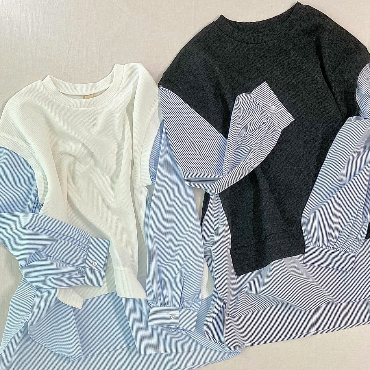 ストライプシャツドッキングニット ホワイト Free