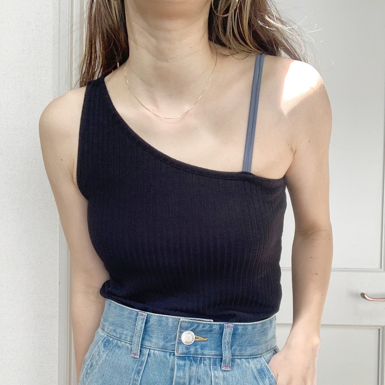 カップ付きリブアシメインナーキャミ ブラック Free