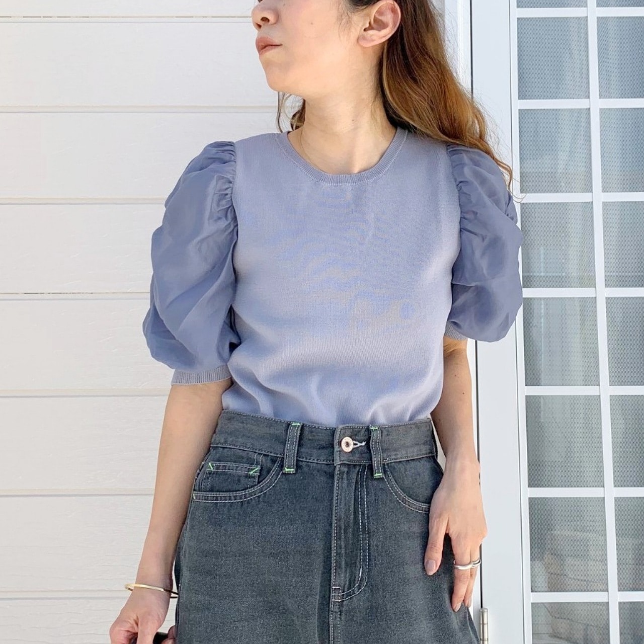 シアーギャザードッキングニット ブルー Free