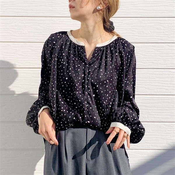 フロントZIPギャザーブラウス ブラックドット Free
