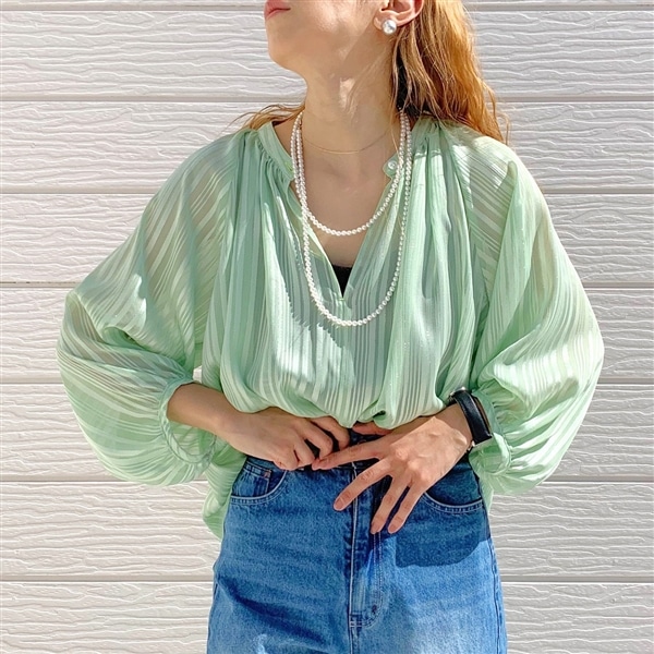 ラメストライプエアシャイブラウス グリーン Free