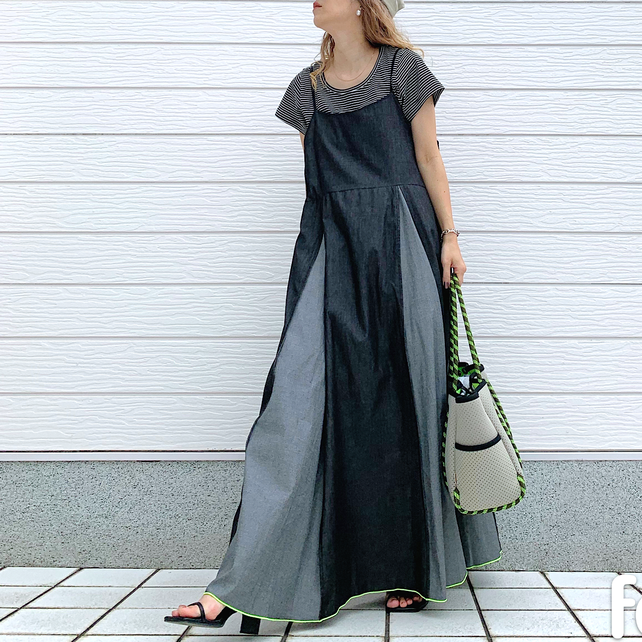 ライトデニムバイカラーキャミワンピ ブラック Free