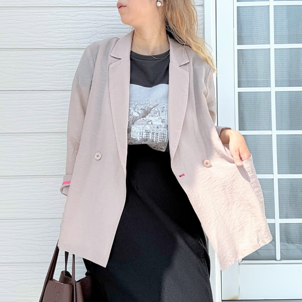 ダブルブレストリラックスジャケット ピンクベージュ Free