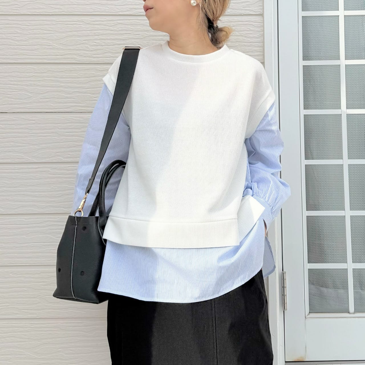 ストライプシャツドッキングニット ホワイト Free