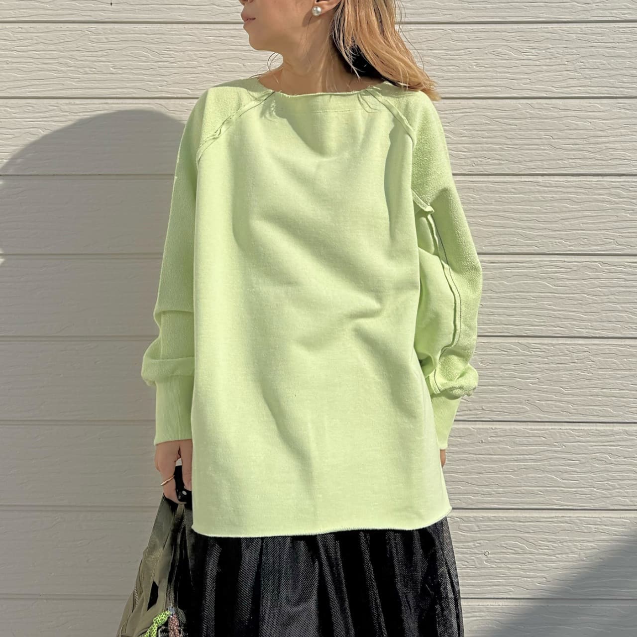 ボートネックラグラン裏毛トップス ライトグリーン Free