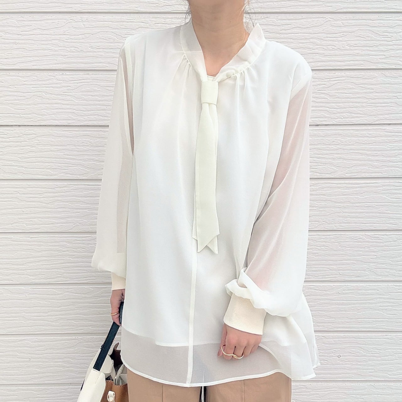 結びボウタイリブブラウス ホワイト Free