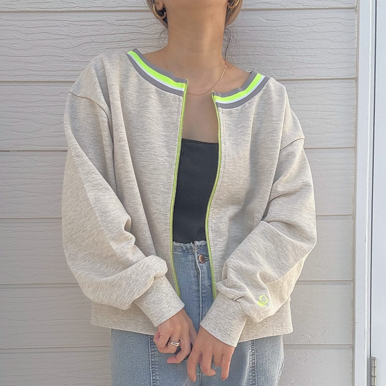 リブネックオープンZIPトップス ライトグレー Free