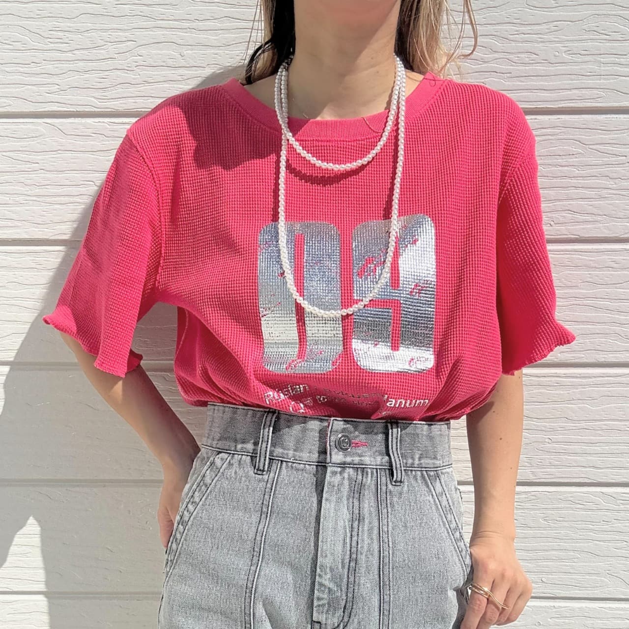 ワッフル半袖トップス レッド Free