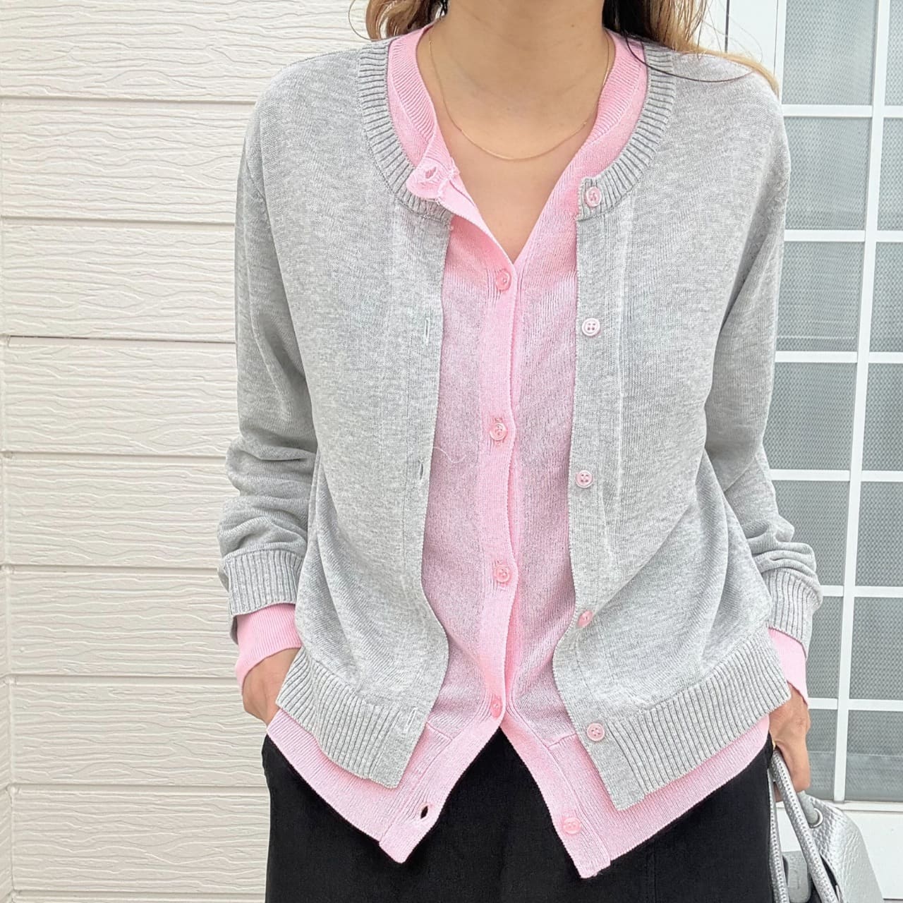 レイヤード風バイカラーカーデ グレー×ピンク Free