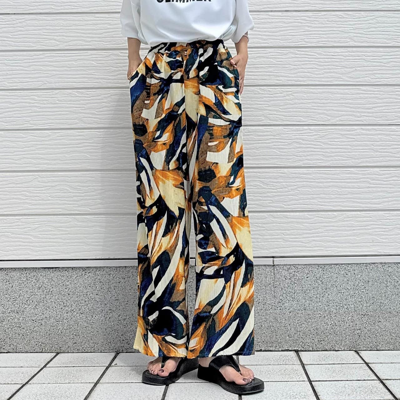 プリーツリーフ柄パンツ オレンジ系 Free