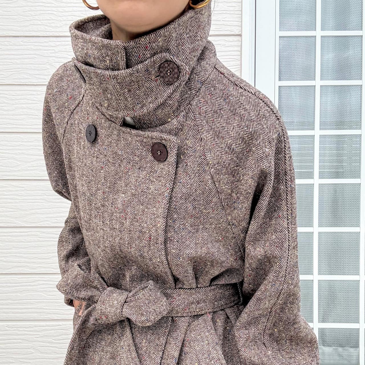 ヘリンボーンスタンドロングコート