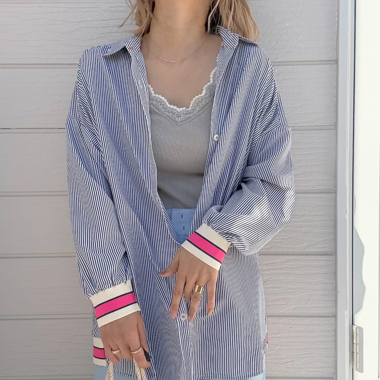 ピンストライプリブドッキングシャツ