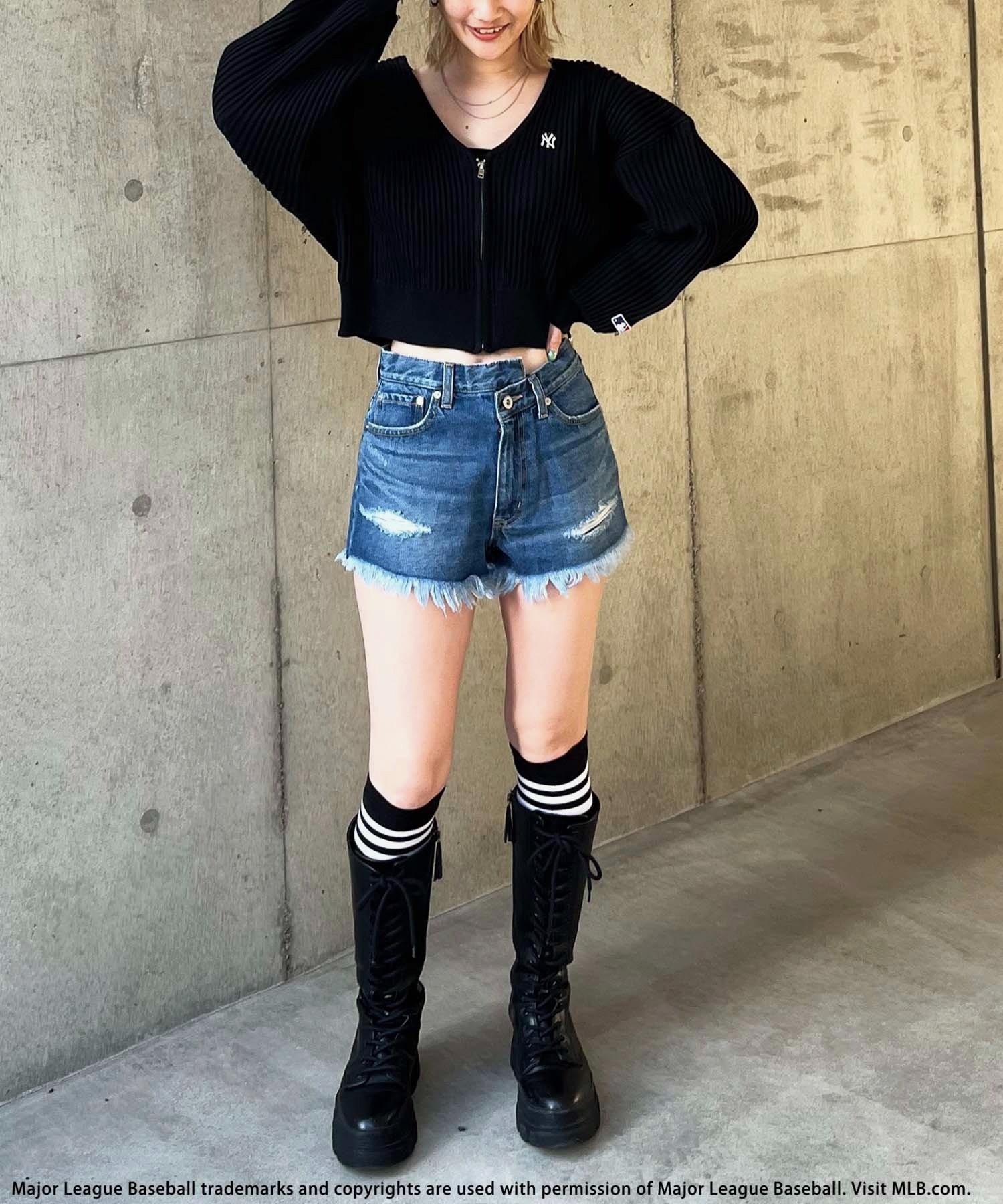 【MLB】ダメージデニムショートパンツ ブルー S