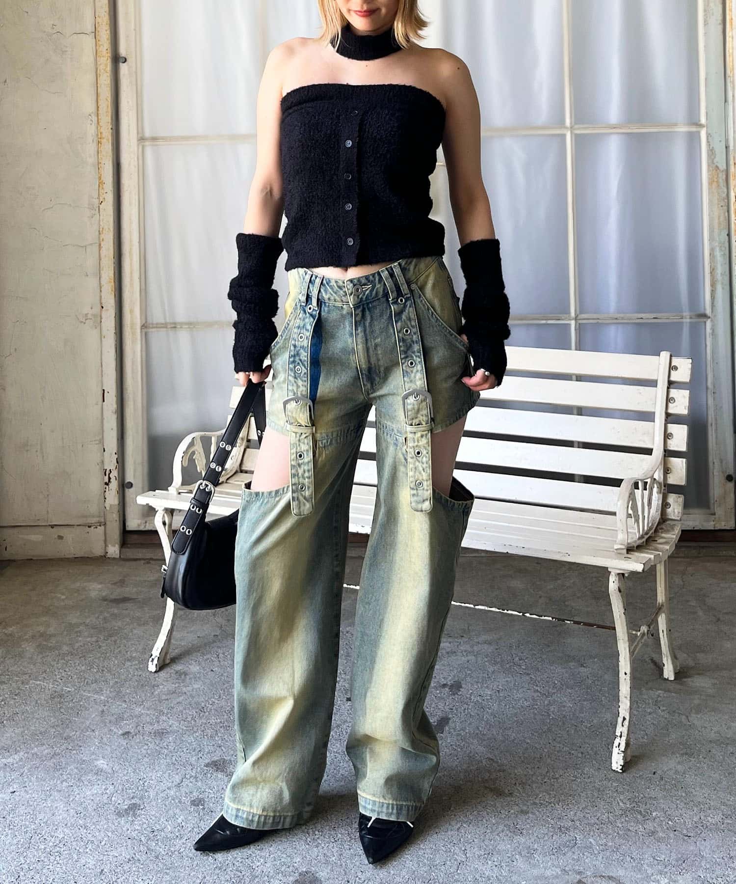 ベルトデザインサイドカットデニム ブルー S