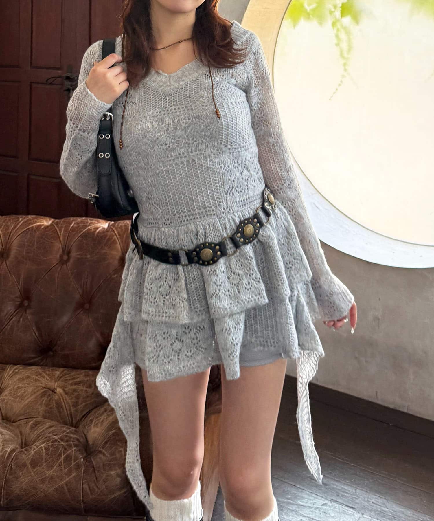 透かし編みティアードニットワンピース グレー F