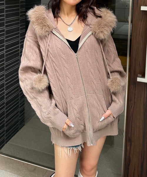 ぽんぽん付きケーブル編みZIPニットパーカーワンピース ブラウン F