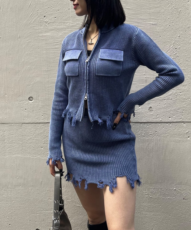 ピグメントダメージニッットスカート ブルー F