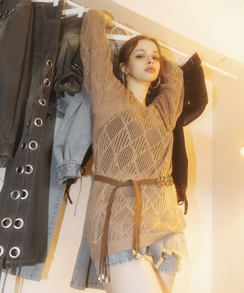 透かし編みベルト付きワンショルニット ブラウン F