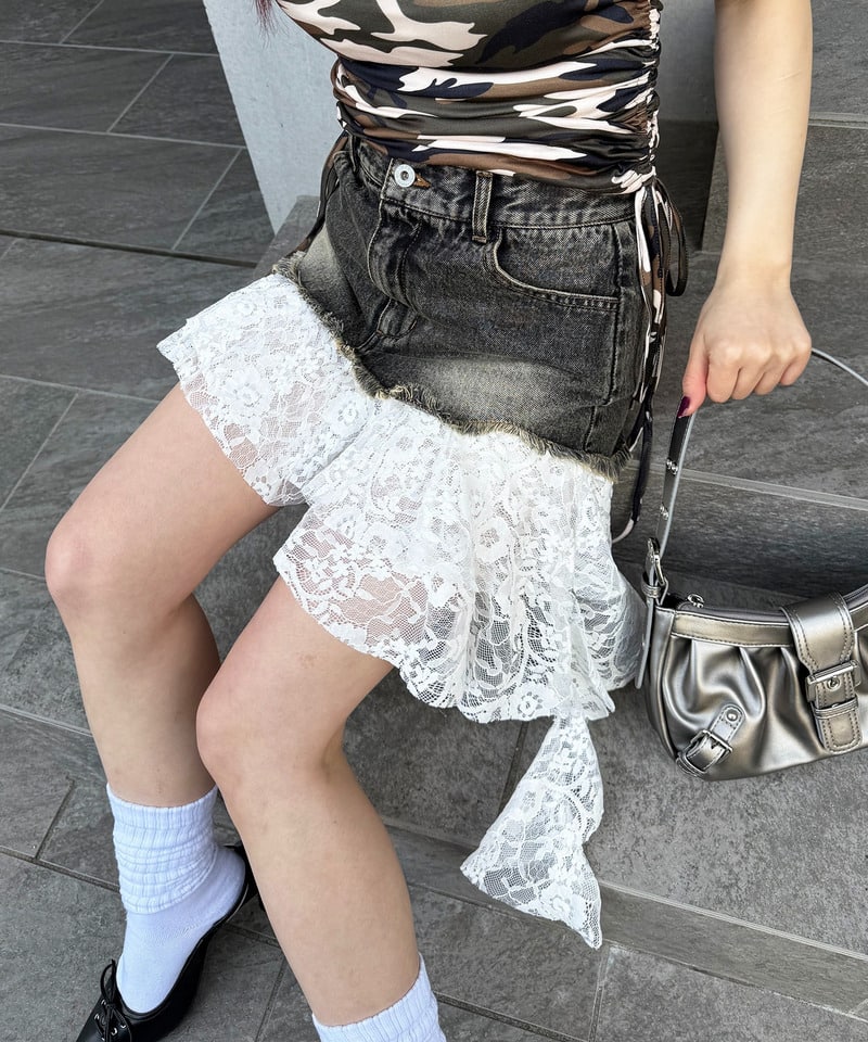 レースドッキングデニムスカート ブラックデニム F