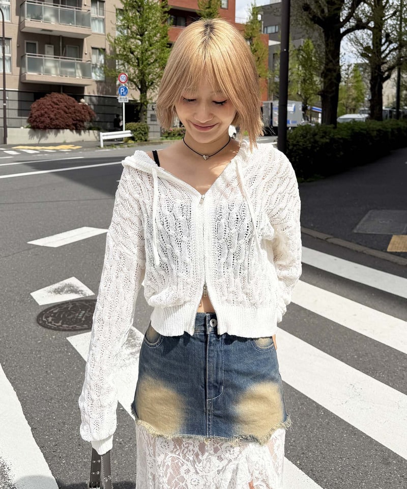 透かし編みダブルジップニットパーカー ホワイト F