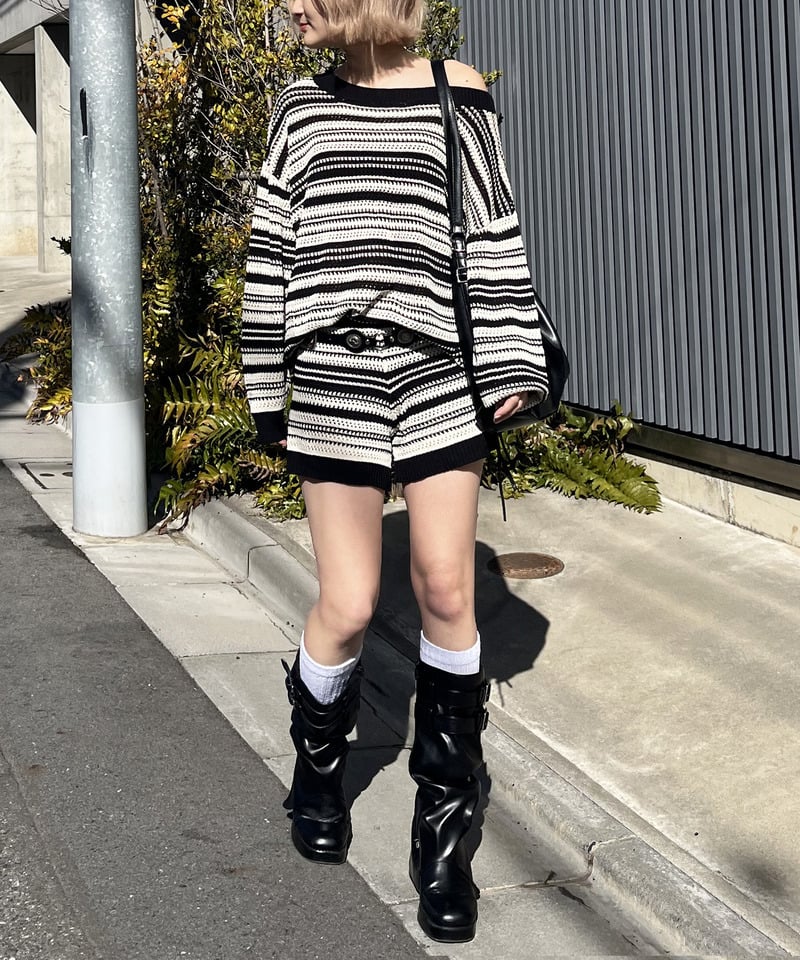ボーダーオフショルトップス×ショートパンツ ボーダー F