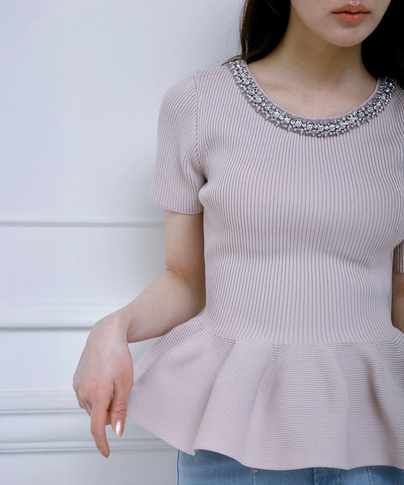 ネックビジューペプラムニットトップス ピンク F