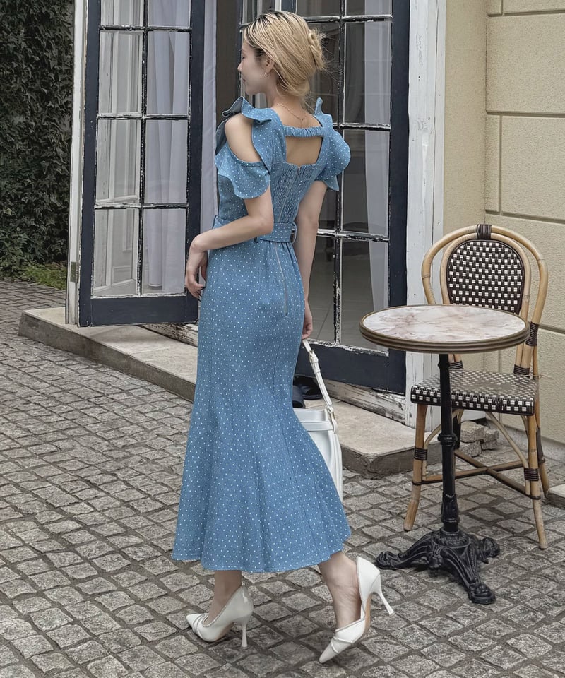 ハートボタンラッフルスリーブドットワンピース デニムブルー F