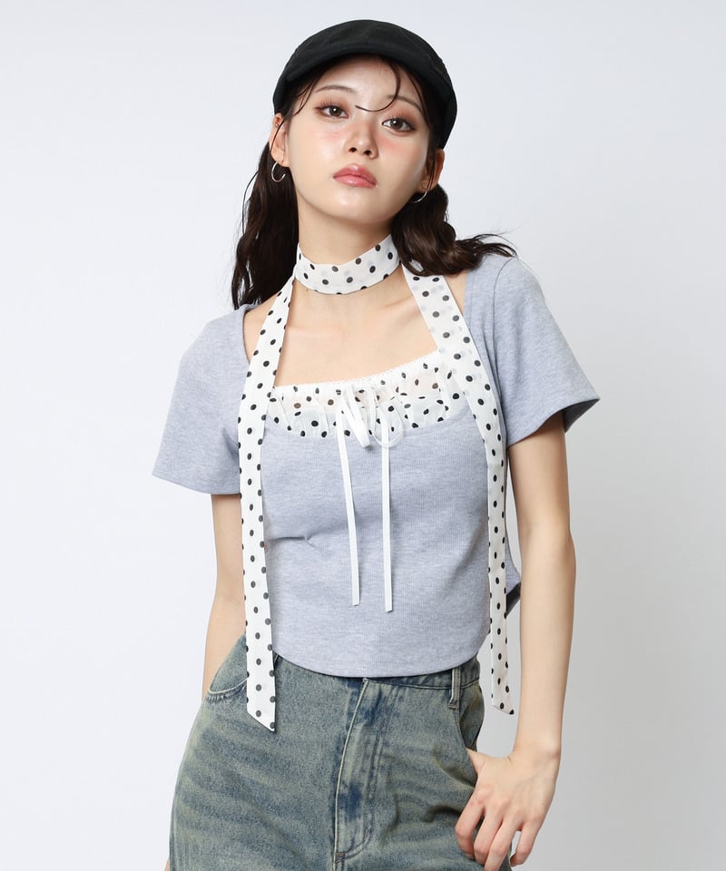 ドット柄チョーカーレイヤードトップス グレー F