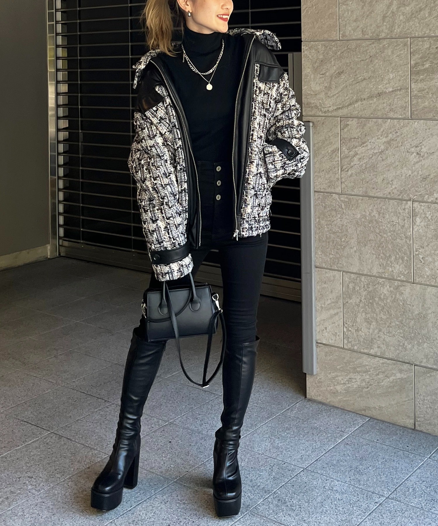 ツイードミックスビックカラーオーバージャケット ブラック系 F