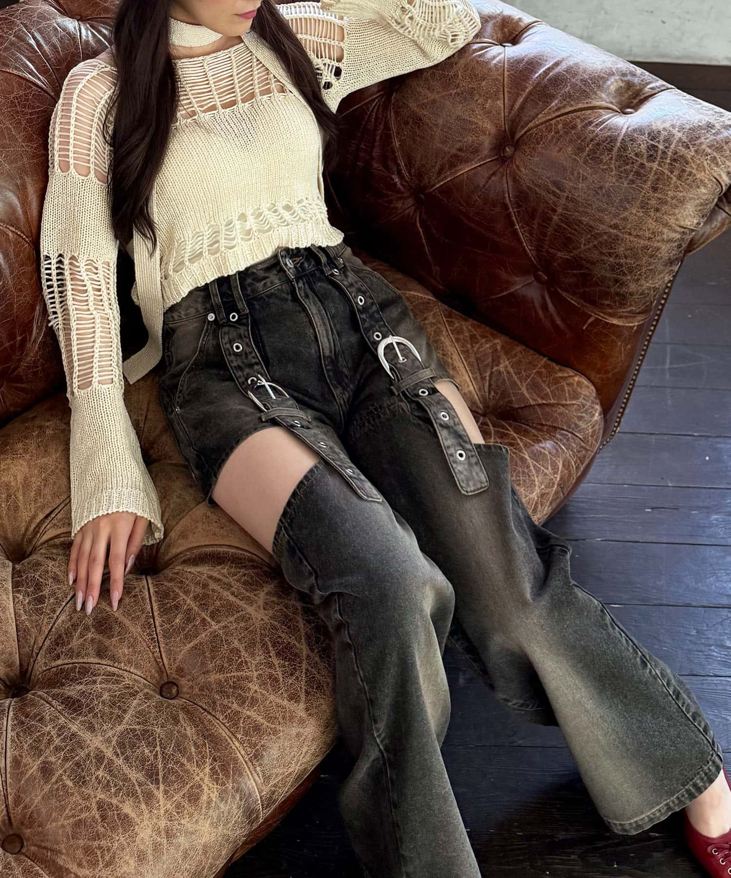 ベルトデザインサイドカットデニム ブルー S