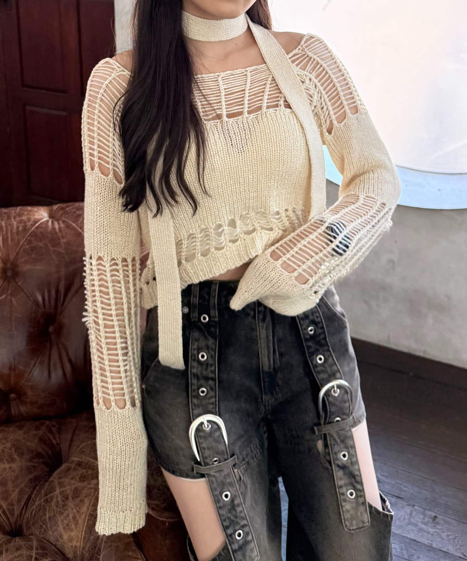 ストール付きかぎ編みショートトップス ホワイト F