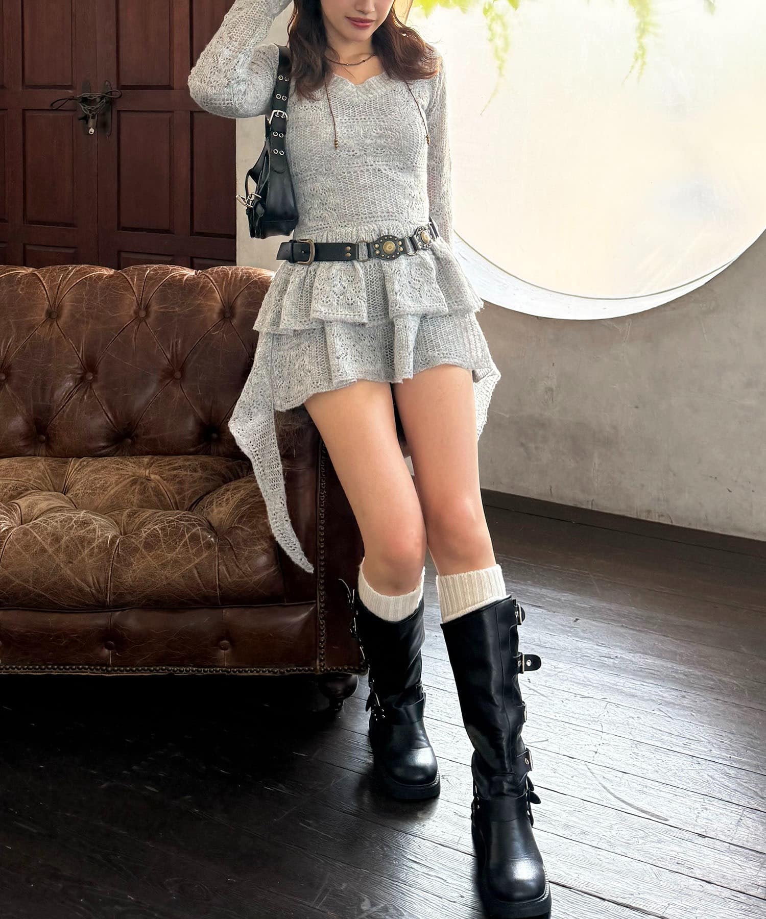 透かし編みティアードニットワンピース グレー F