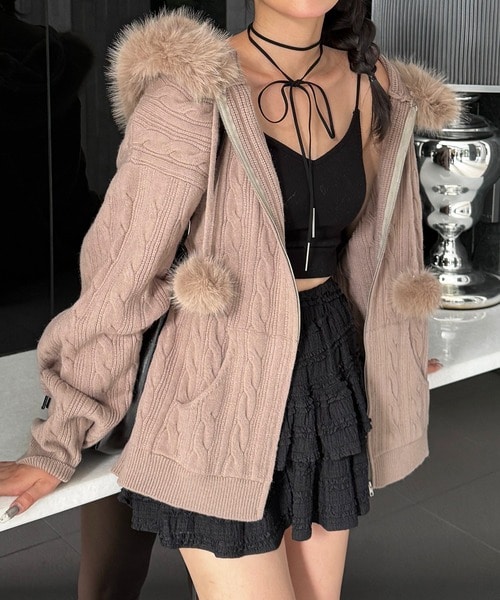 ぽんぽん付きケーブル編みZIPニットパーカーワンピース ブラウン F