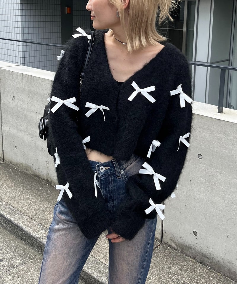 サテンリボン2WAYニットカーディガン ブラック F