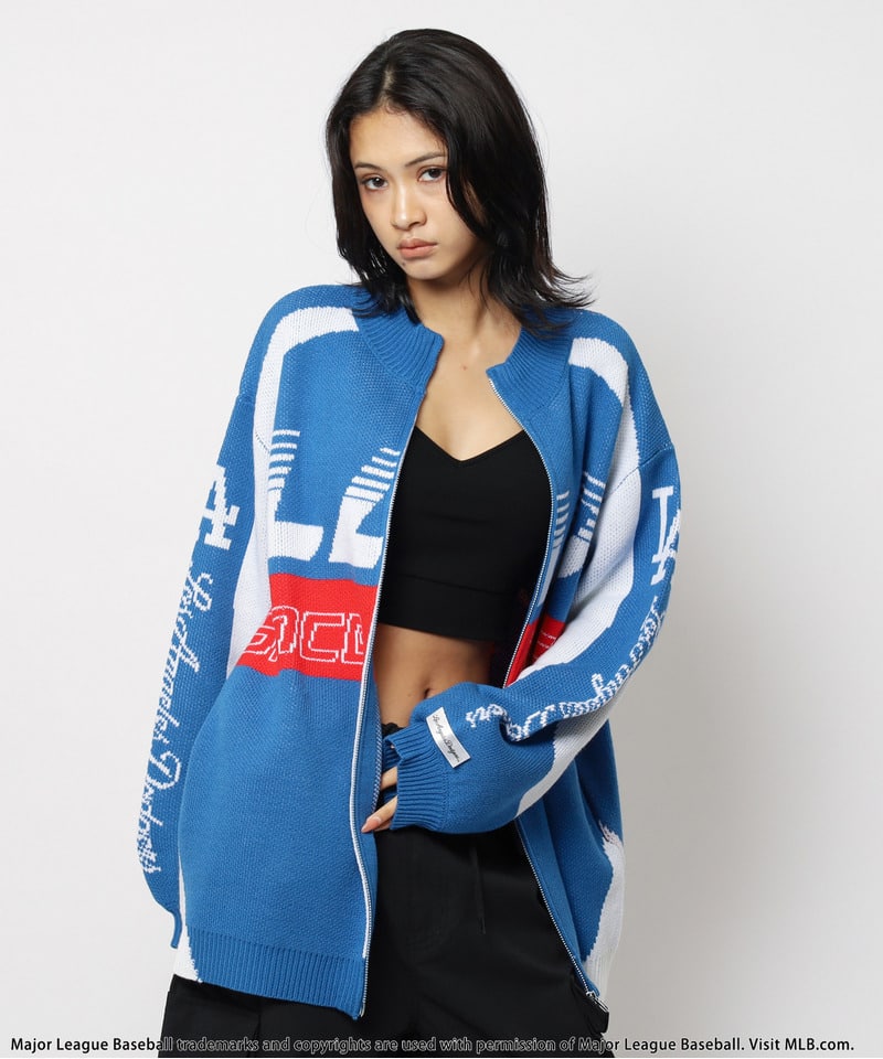 【MLB】ダブルZIPロゴニットカーデ ブルー F
