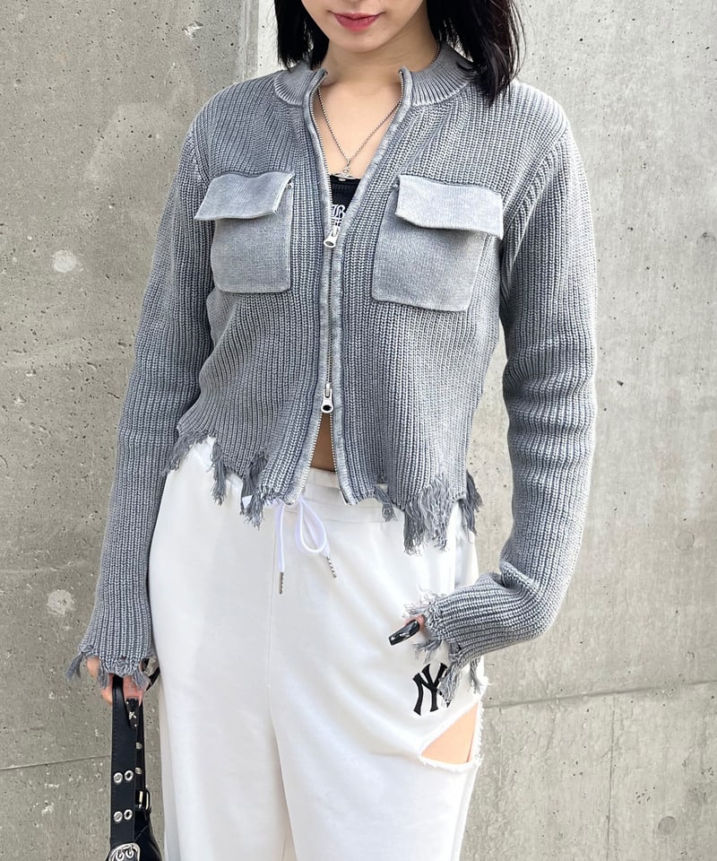 ピグメントダメージニット グレー F