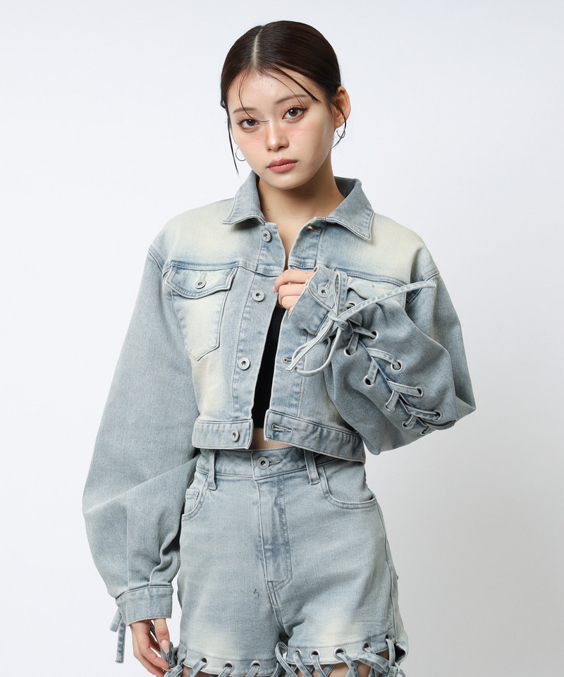 レースアップデニムショートジャケット デニムブルー F