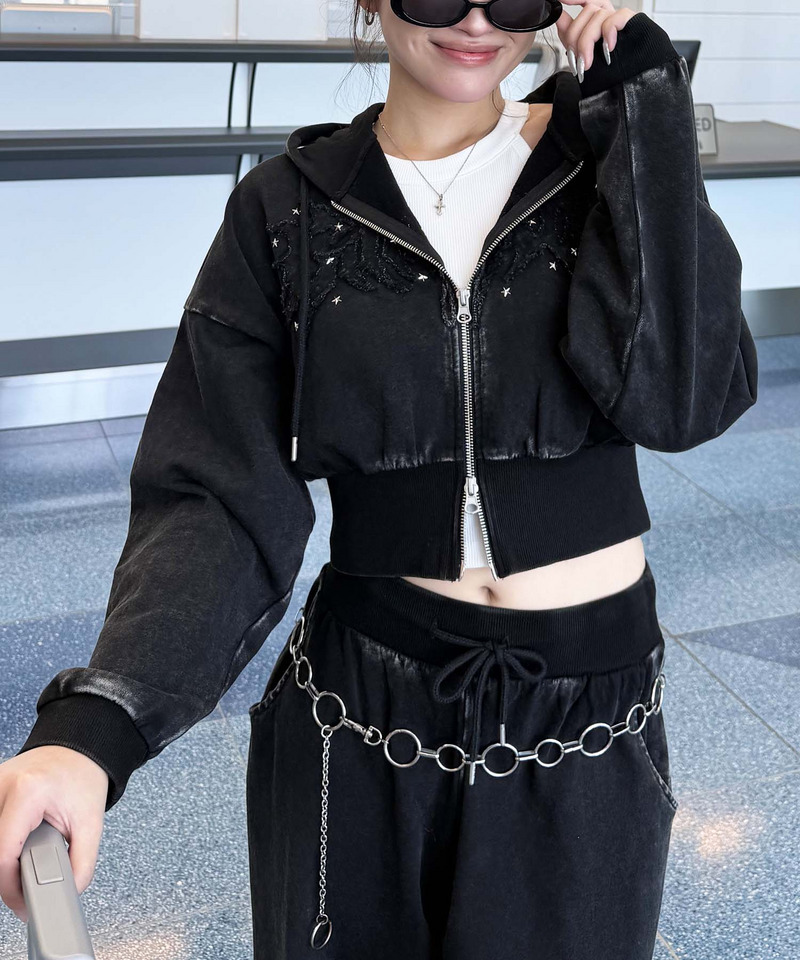 アイレットクラッシュロゴショートパーカー ブラック F