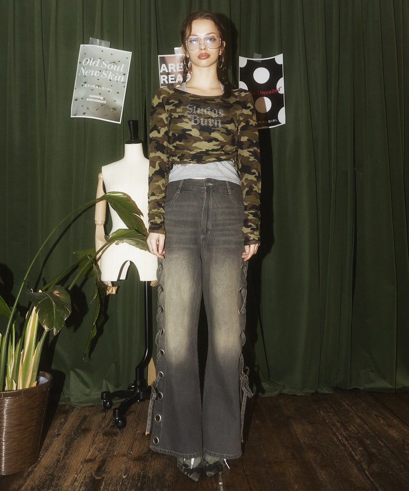 ラインストーンロゴアンサンブルトップス カーキ系 F