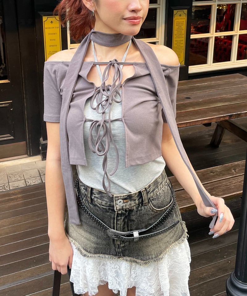 レースドッキングデニムスカート ブラックデニム F