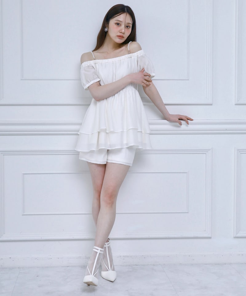 パールストラップラッフルブラウスセットアップ グリーン F