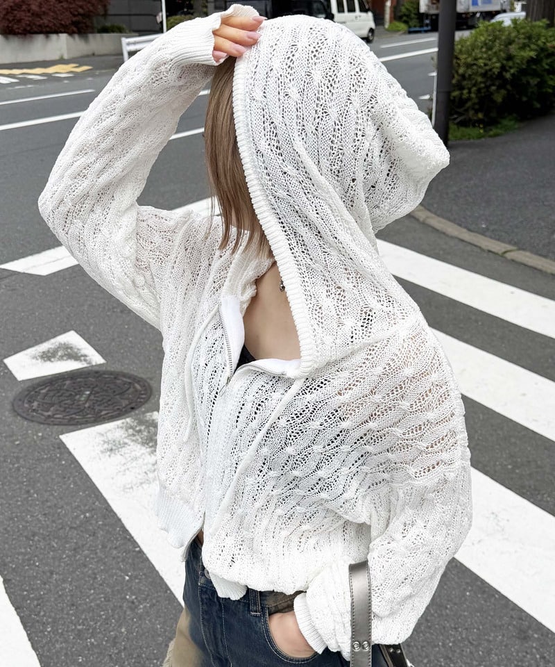 透かし編みダブルジップニットパーカー ホワイト F