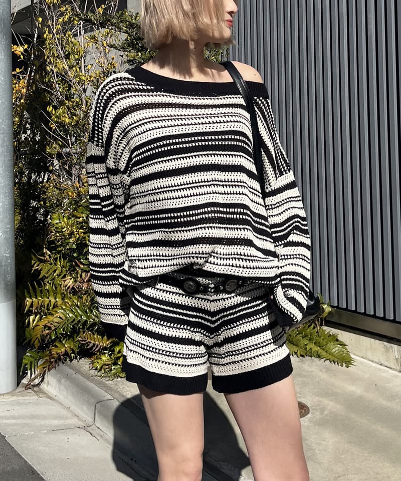 ボーダーオフショルトップス×ショートパンツ ボーダー F