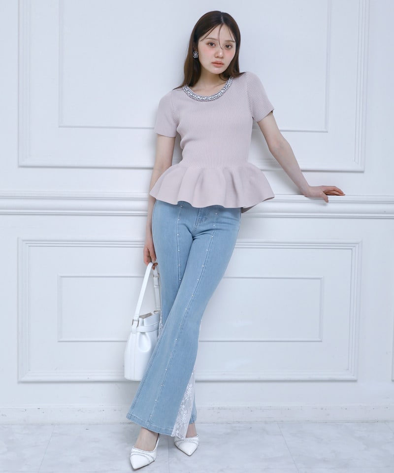 ネックビジューペプラムニットトップス ピンク F