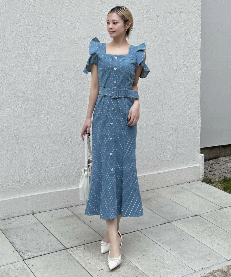 ハートボタンラッフルスリーブドットワンピース デニムブルー F