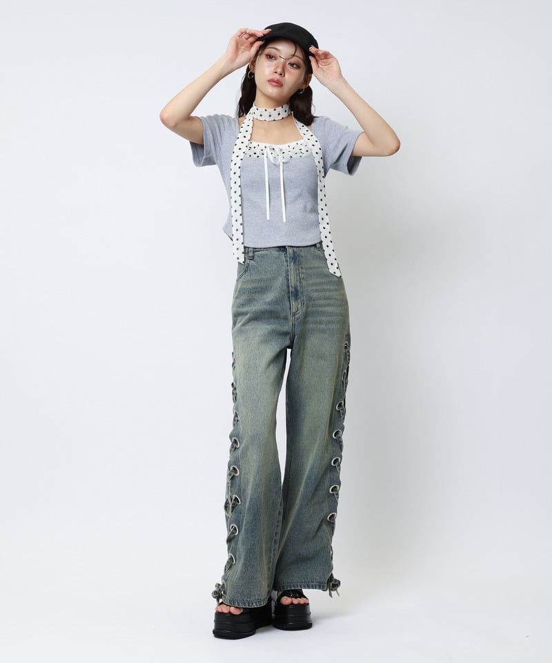 ドット柄チョーカーレイヤードトップス グレー F