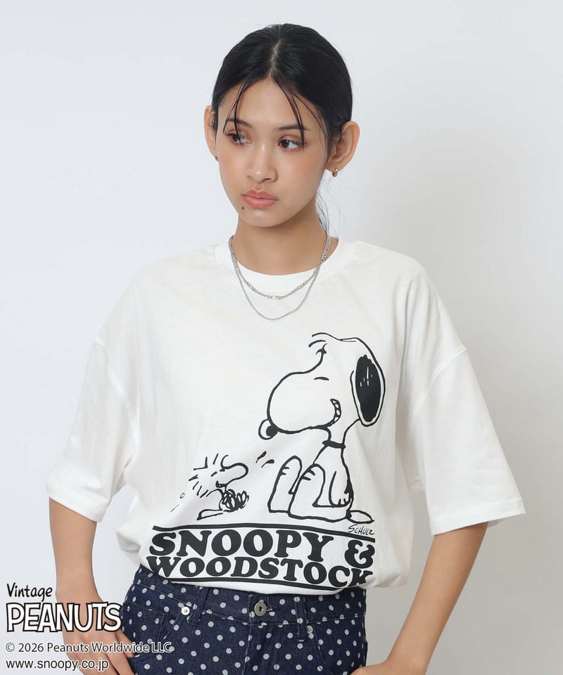 【PEANUTS/SNOOPY&WOODSTOCK】スヌーピー＆ウッドストックＴシャツ ホワイト F