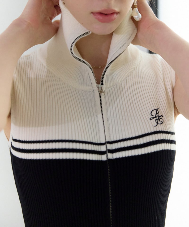 luxury lover N21 ロゴニットワンピース ロゴ刺しゅう配色ダブルZIPニットタイトワンピース(F ブラック