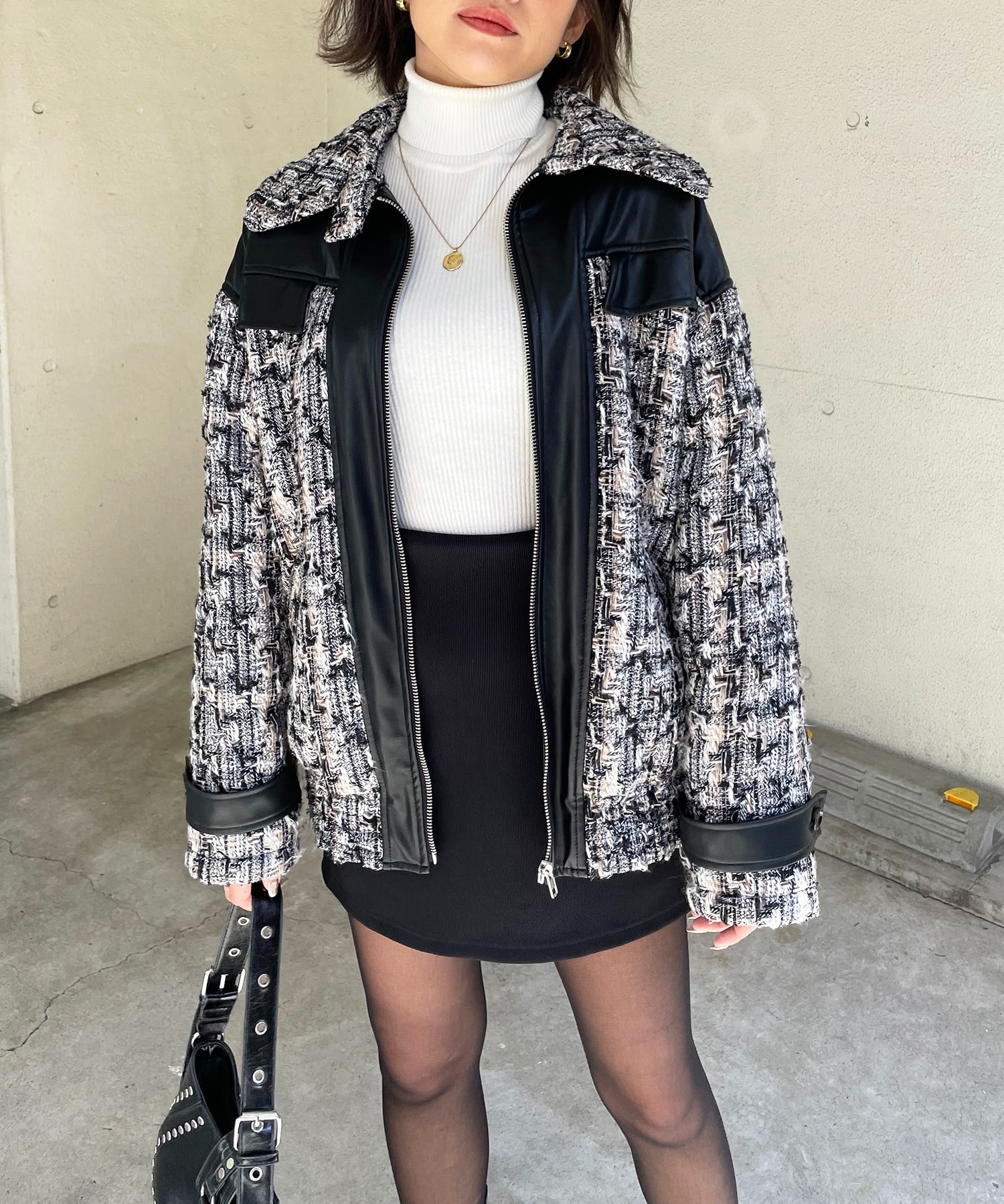 ツイードミックスビックカラーオーバージャケット ブラック系 F