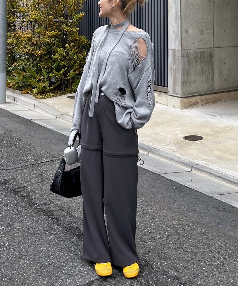 スカーフ付きダメージオーバーニット グレー F